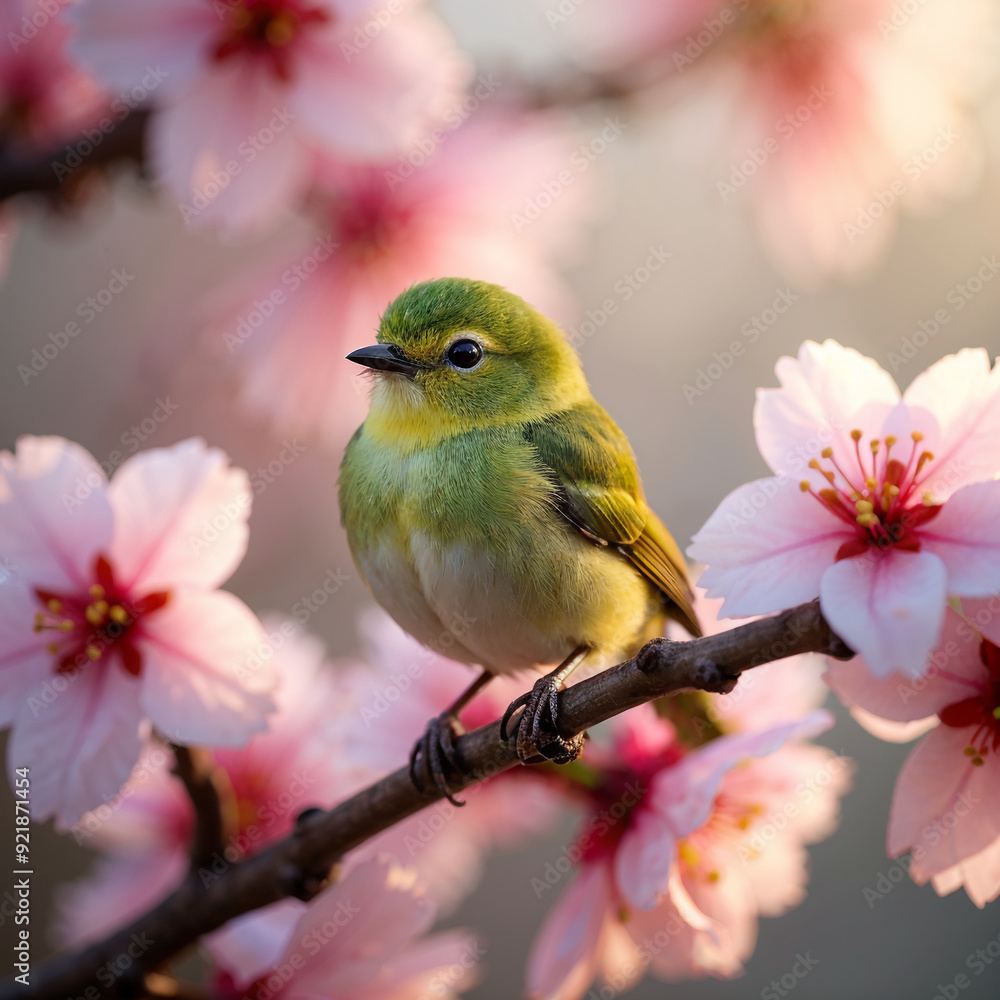Obraz premium Small Green Bird Perched Among Pink Cherry Blossoms