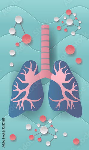Human lungs with molecular structures anatomy medical concept blue pink background paper cut style