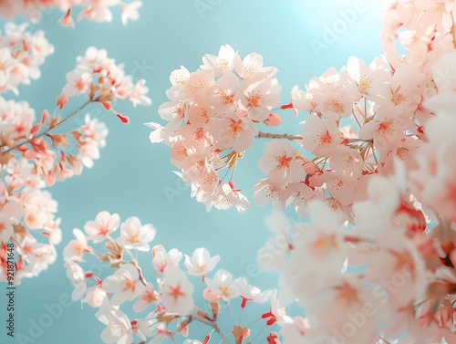 Pink cherry blossom branches against a blue sky during spring