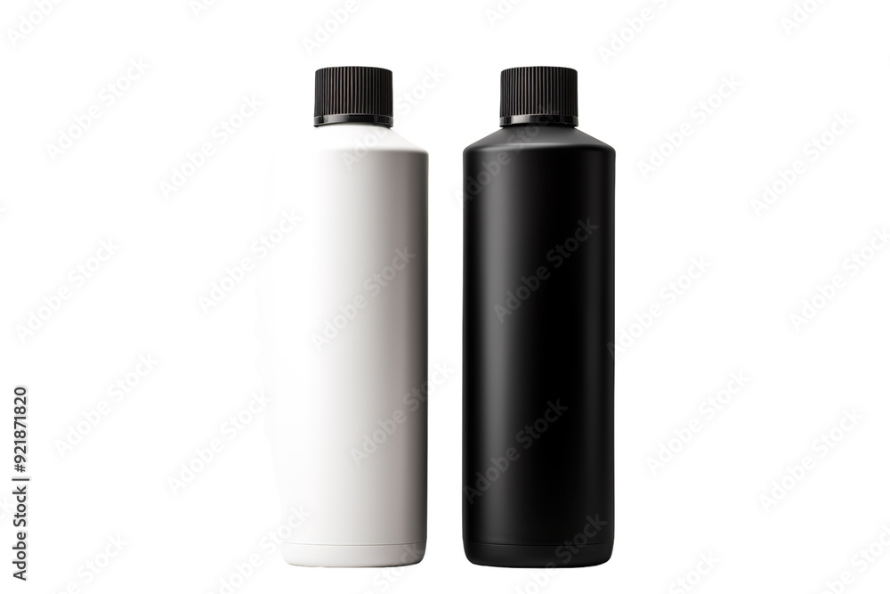 Contrast Between Black And White Bottles Reflecting Artistic Minimalism In Studio Lighting on White or PNG Transparent Background. Contrast Between Black And White Bottles Reflecting Artistic Minimalism In Studio Lighting on White or PNG Transparent Background.