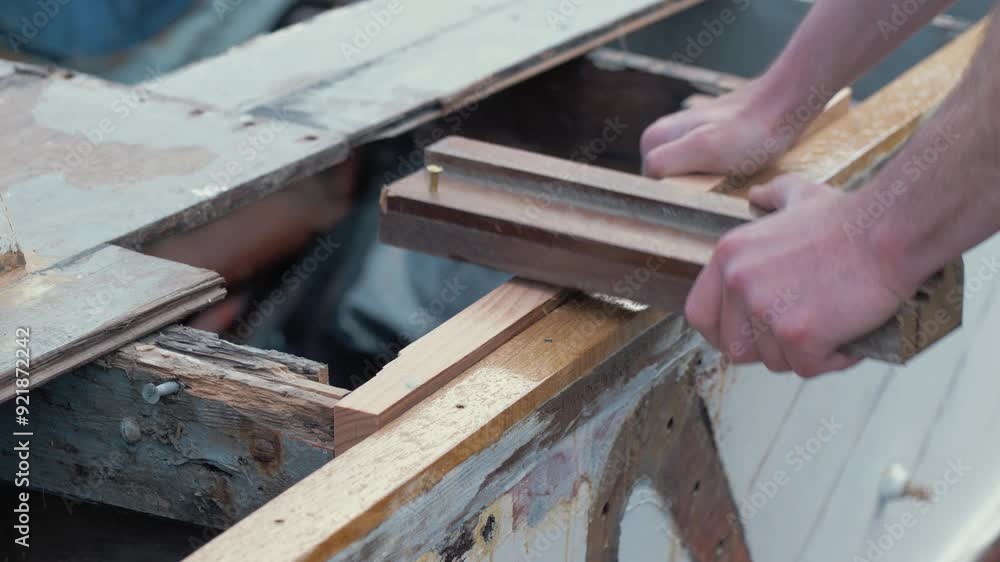 Dry fitting wood plank into wooden boat Dry fitting wood plank into wooden boat