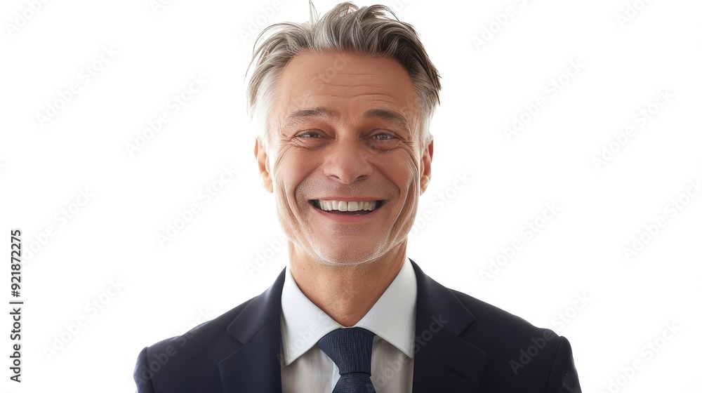 A Mature Businessman Smiles Warmly Against A White Background A Mature Businessman Smiles Warmly Against A White Background