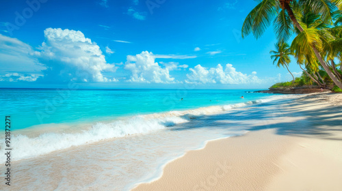 Wallpaper Mural Tropical beach with turquoise waters, blue sky, and palm trees evokes relaxation and natural beauty in a serene coastal scene. Torontodigital.ca