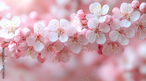 Tiny cherry blossoms in soft pink and white, delicately scattered on a pure white background, creating a serene and elegant pattern for wedding or spring-themed designs