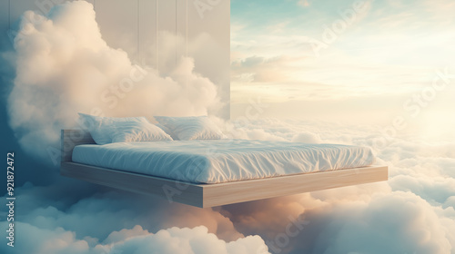 Elegant Flat Bedframe Hovering Amidst Calming Clouds: A Dreamlike, Peaceful Bedroom Setting photo