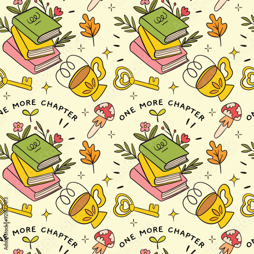 Cozy Book Lover's Seamless Pattern with Books, Tea, and Autumn Elements