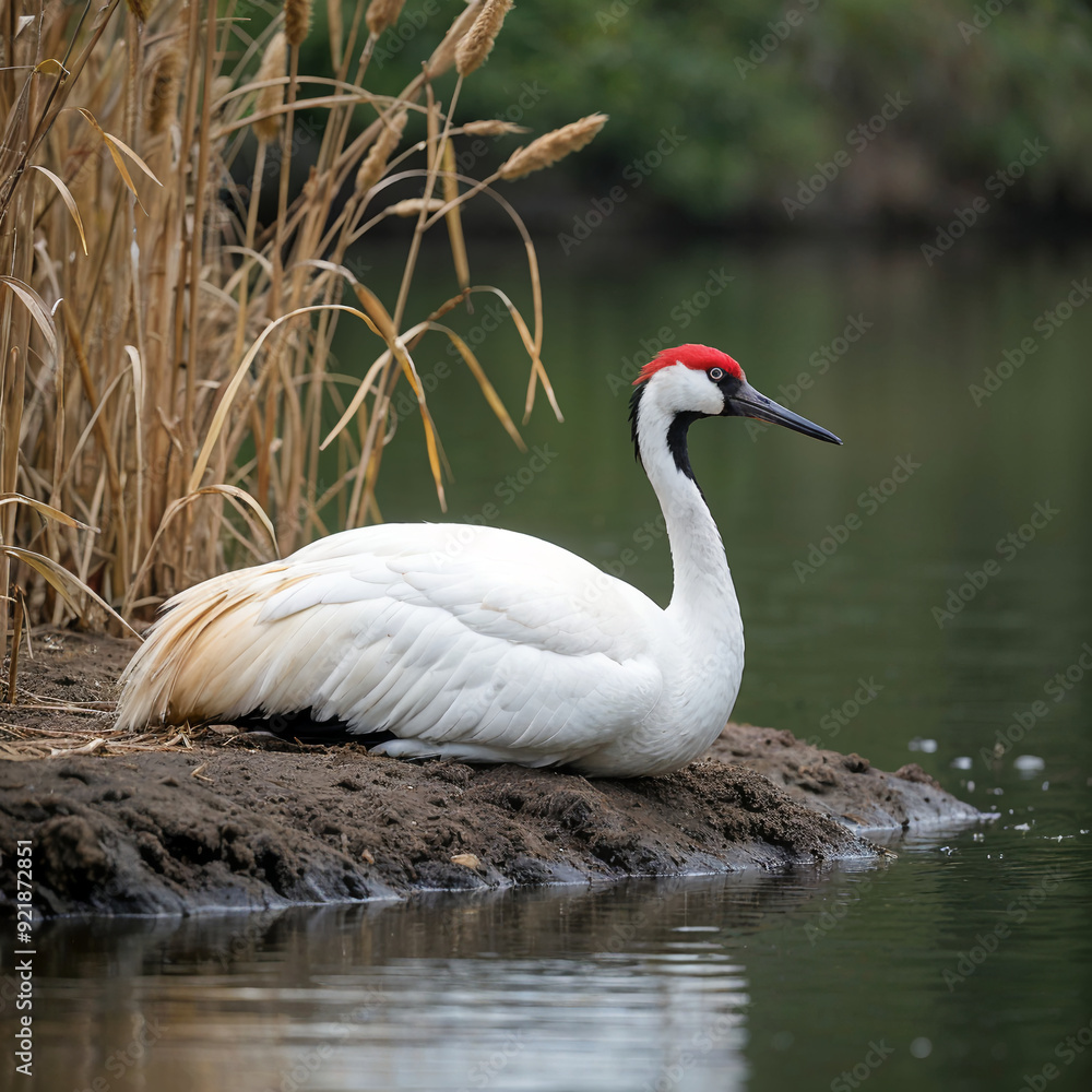 Obraz premium Japanese Red-crowned Crane Resting by the Riverbank