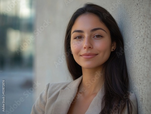 Woman smiling at wall