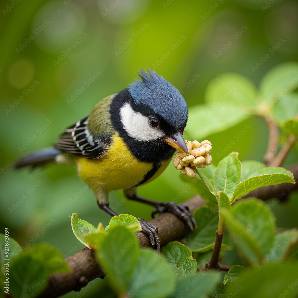 Obraz premium Great Tit Bird Feeding on Branch with Green Leaves
