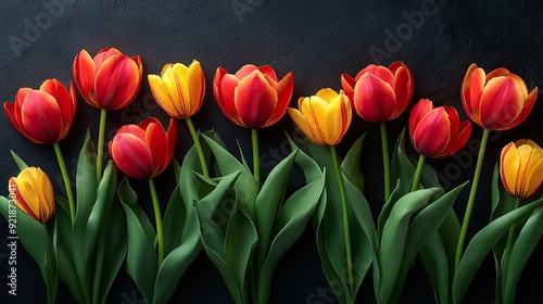 Tiny red and yellow tulips with green stems on a black background, creating a bold and dynamic floral pattern ideal for vibrant fashion pieces or lively home