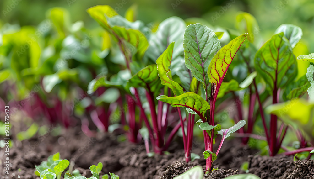 Young fresh beet leaves. Beetroot plants grow in summer garden Young fresh beet leaves. Beetroot plants grow in summer garden
