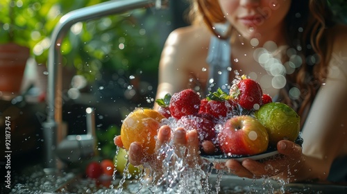 A woman rinses a bowl of assorted fresh fruits under running water, surrounded by greenery and a sunny atmosphere photo