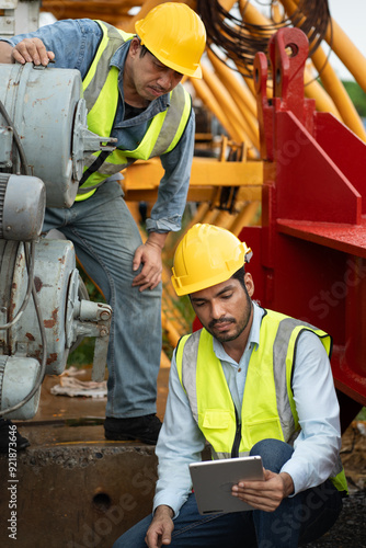 Photography Two Asia engineers man worker checking machine and use tablet computer with spar