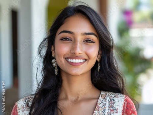 Woman with long black hair and earrings