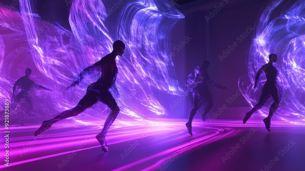 A 3D animation of a dynamic dance performance, with fluid movements and vibrant lighting effects A 3D animation of a dynamic dance performance, with fluid movements and vibrant lighting effects