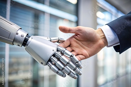 human and robot shake hand to collaborate. Artificial intelligence concept