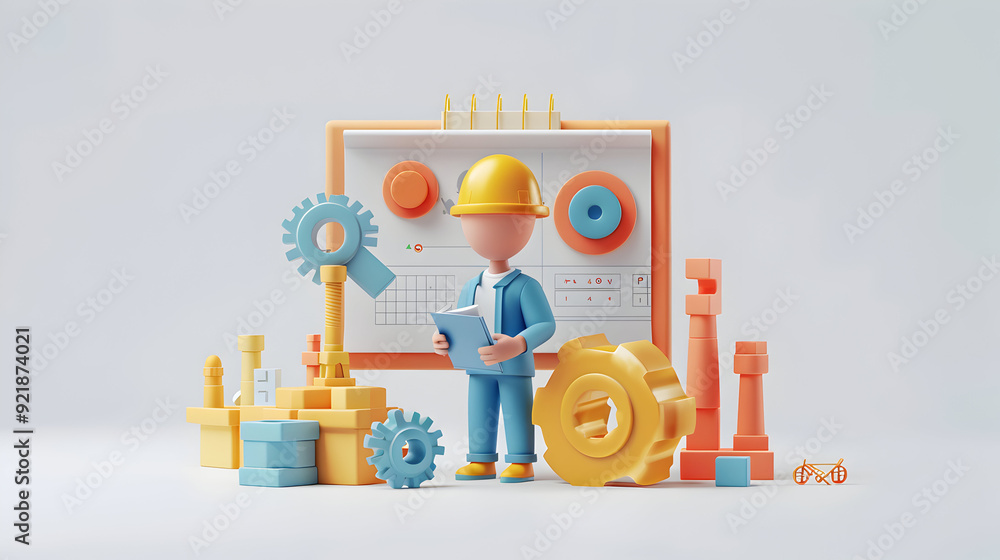 Fototapeta premium 3D Flat Icon Quality Engineer with Control Plan and Certificate | Engineering Quality ISO9001 Compliance Concept on Dreamy Background