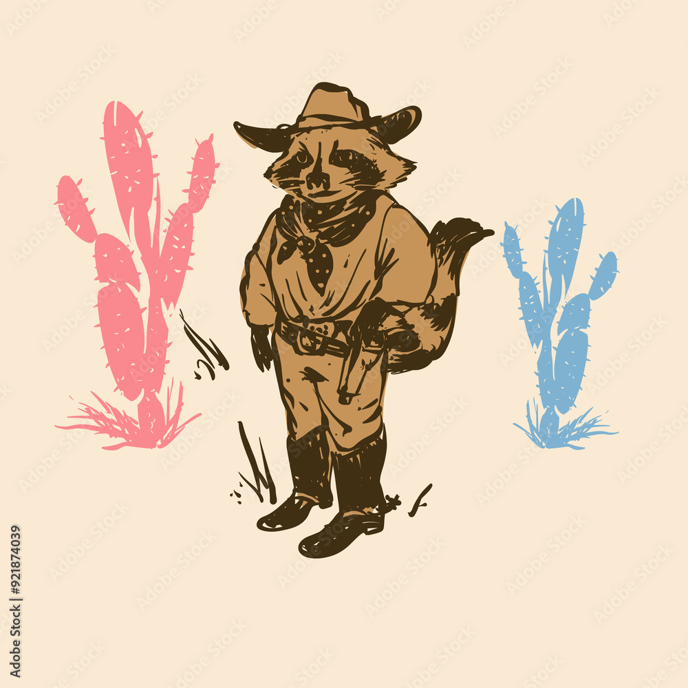 Fototapeta premium Cowboy Raccoon Cartoon with Hat, Bandana, Boots, and Cactus Vector Illustration
