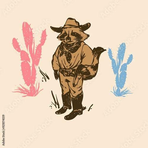 Cowboy Raccoon Cartoon with Hat, Bandana, Boots, and Cactus Vector Illustration