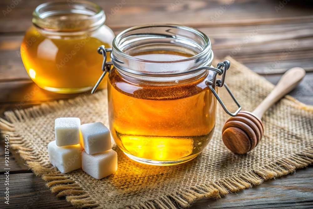 honey jar and sugar cube on kitchen table. Natural food sweetener