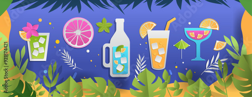 Tropical cocktails summer drinks with ice leaves fruits and umbrellas paper cut style