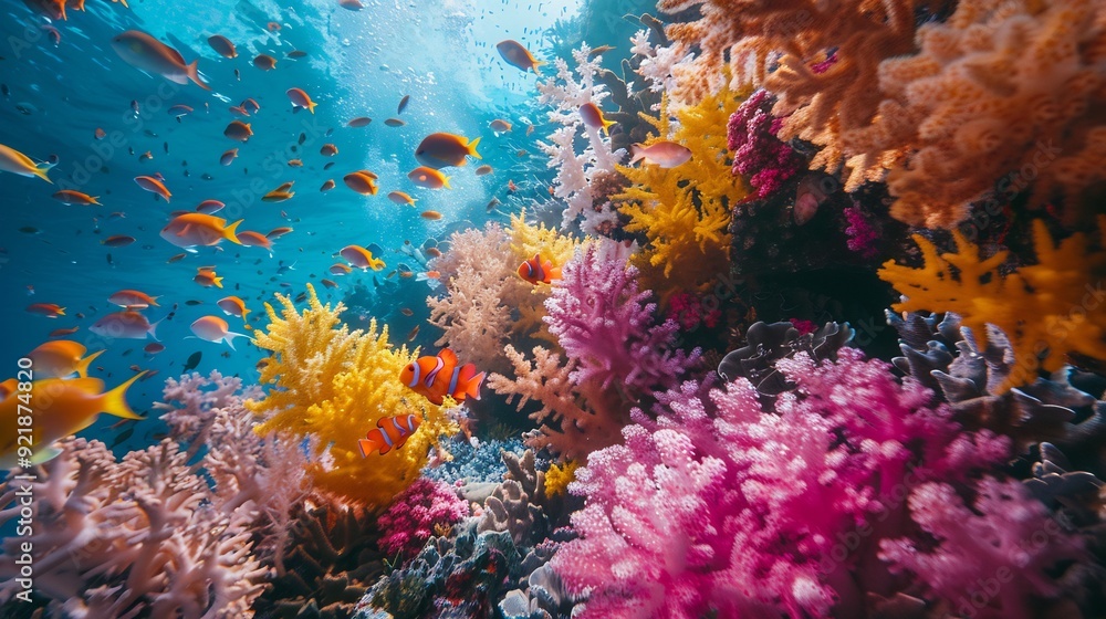 Naklejka premium Vibrant Coral Reef with Fish Swimming