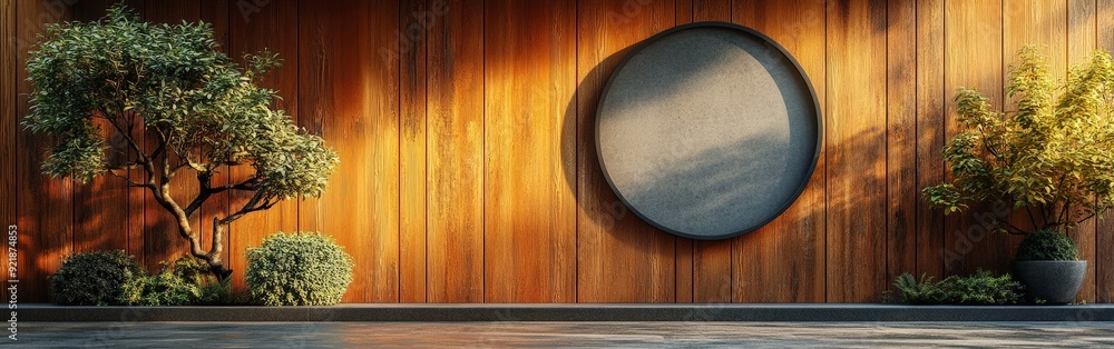 Stylish Wooden Wall Hosting Circular Signboard Stylish Wooden Wall Hosting Circular Signboard