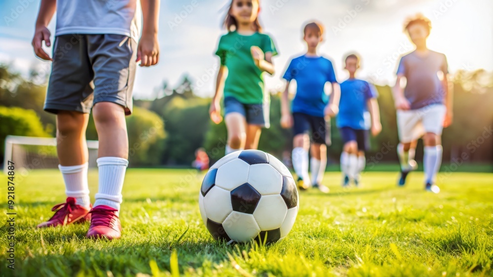 Kids Playing Soccer on Green Grass Field. Kids Playing Soccer on Green Grass Field.