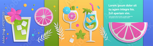 Tropical cocktails and fruits vibrant summer drinks with ice citrus slices leaves paper cut style colorful background