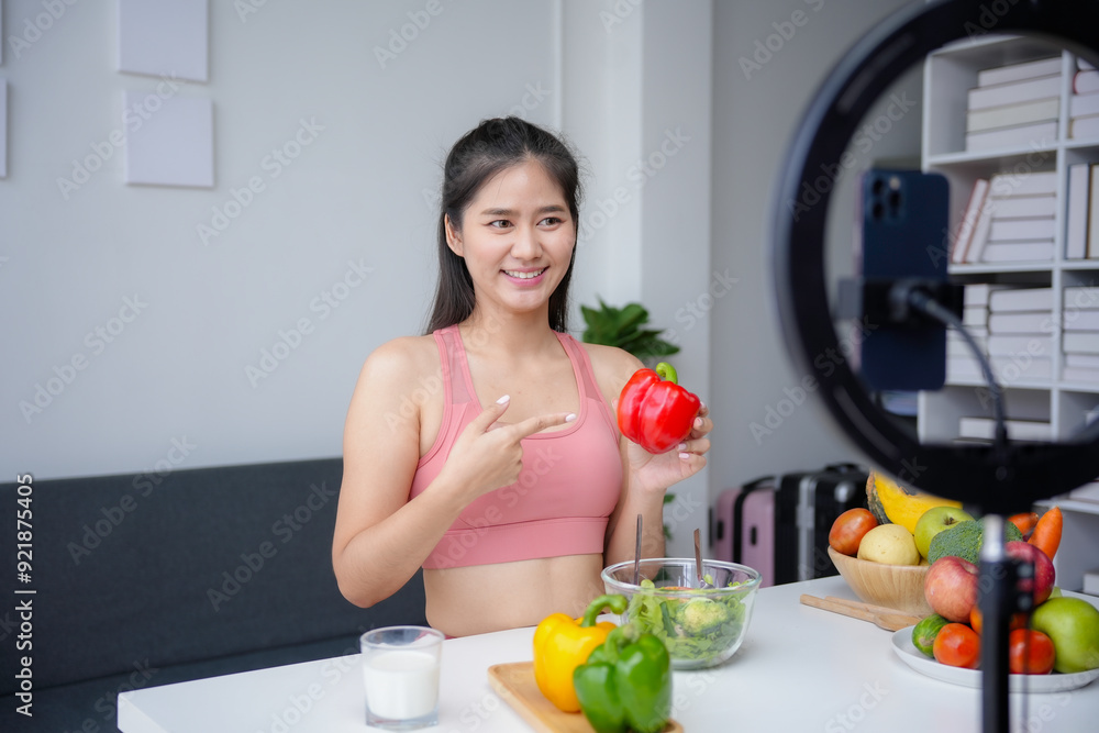 Smiling influencer showing a red pepper while recording a video about healthy food and diet Smiling influencer showing a red pepper while recording a video about healthy food and diet