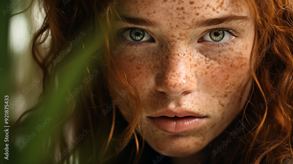 Close-up photo of a girl with green eyes and freckles on her face. Close-up photo of a girl with green eyes and freckles on her face.