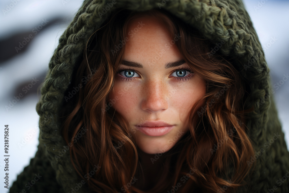 Close-up photo of a girl with green eyes and freckles on her face in the mountains Close-up photo of a girl with green eyes and freckles on her face in the mountains