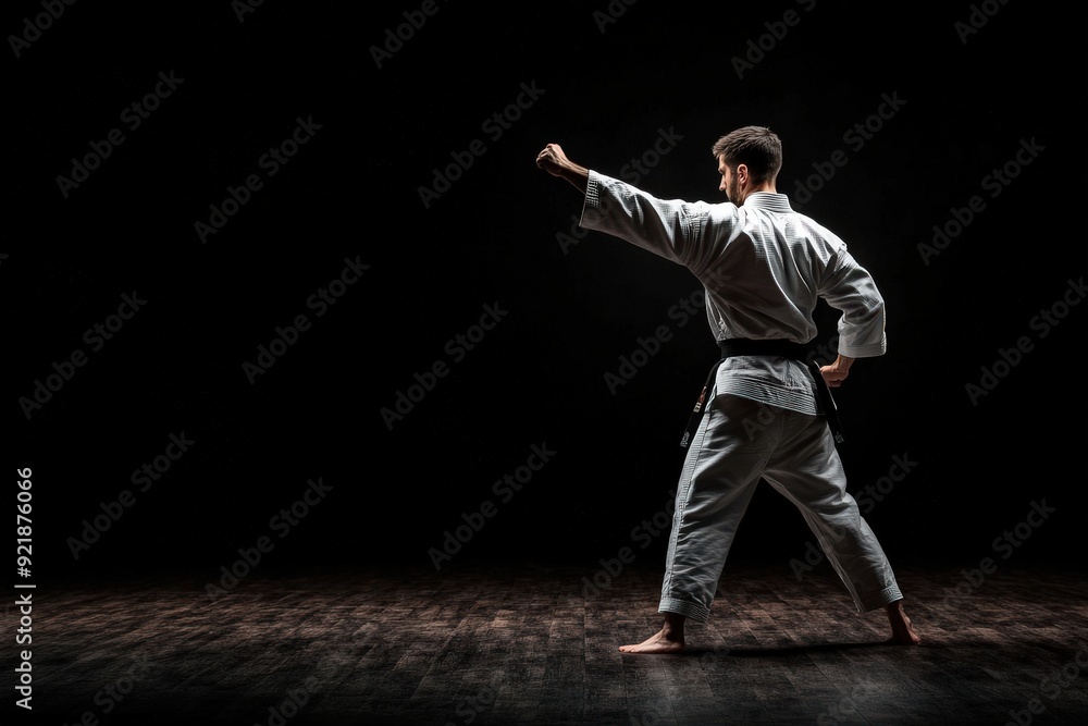 A martial artist practicing a kata routine in an empty, darkly lit studio, showcasing the elegance, discipline, and solitary dedication required in martial arts. A martial artist practicing a kata routine in an empty, darkly lit studio, showcasing the elegance, discipline, and solitary dedication required in martial arts.