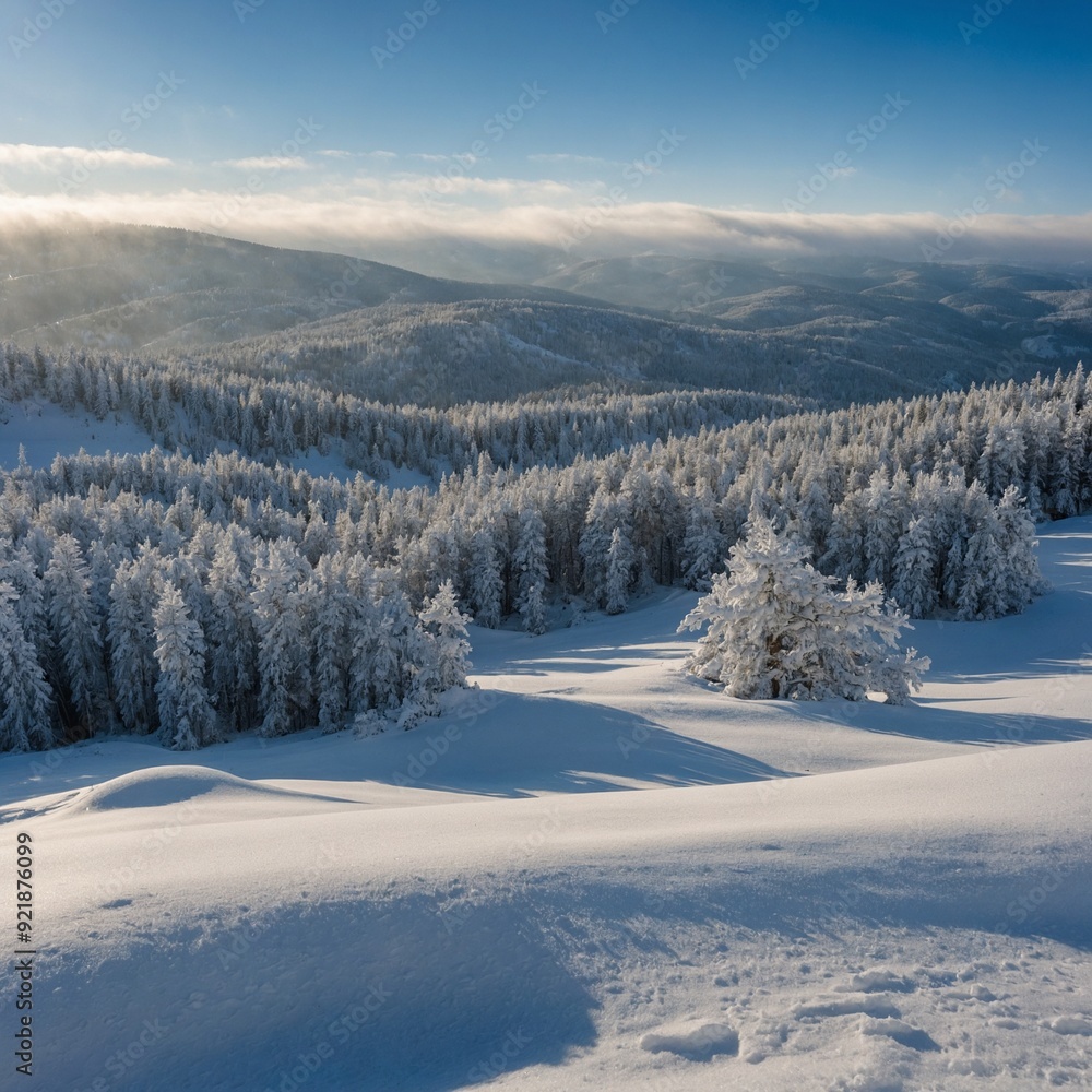 A snowy winter landscape: A blanket of fresh snow covers rolling hills and pine trees, with the air crisp and the sky a pale, wintry blue.
