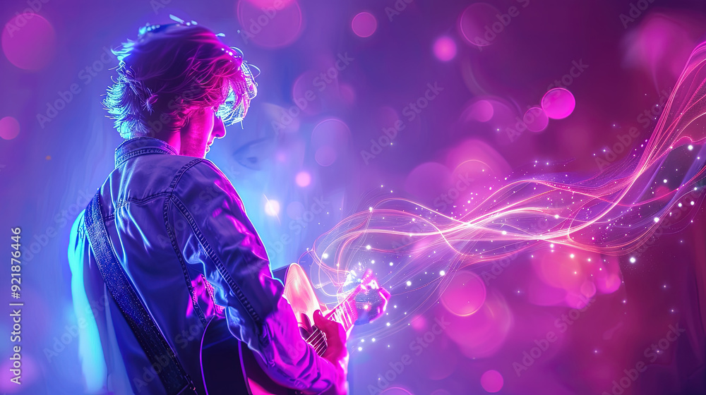 A guitarist captivates the audience with a vibrant performance under colorful stage lights A guitarist captivates the audience with a vibrant performance under colorful stage lights