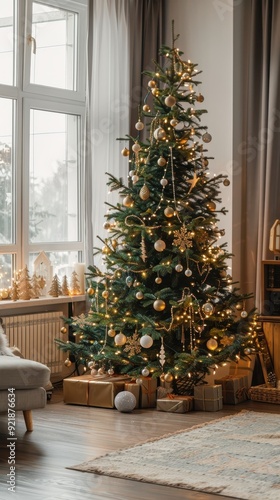 The cozy living room features a beautifully adorned Christmas tree, twinkling lights, and gift boxes beneath its branches