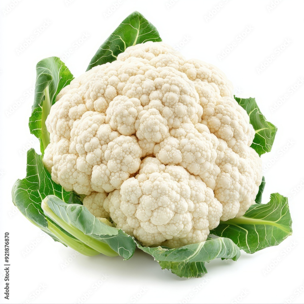 Close up of Cauliflower with leaves on an isolated white background Close up of Cauliflower with leaves on an isolated white background