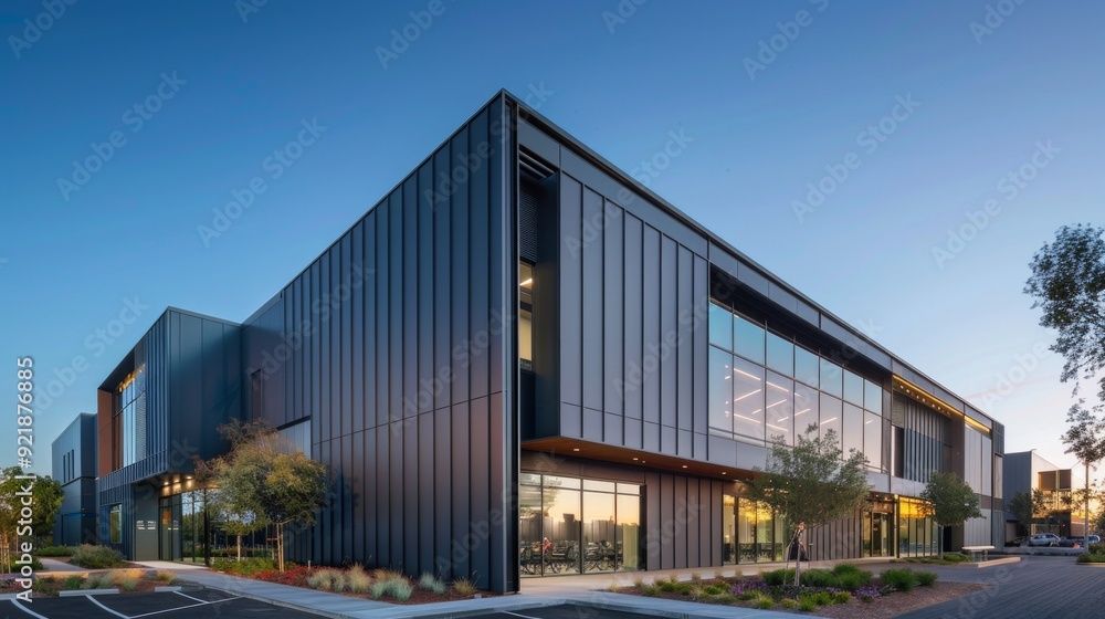 Modern building in aluminum siding and flat angled roofline and front windows. Modern building in aluminum siding and flat angled roofline and front windows.