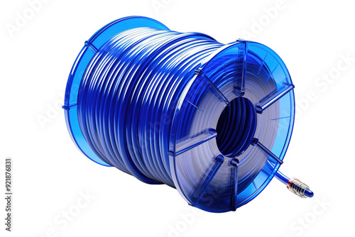 Intricate Blue Spool of Filament Under Bright Studio Lights on a Wooden Workbench on White or PNG Transparent Background.