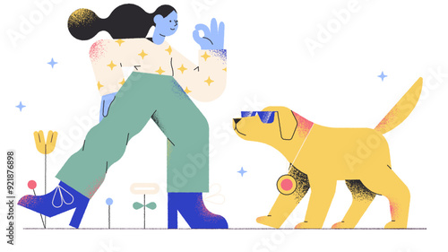 Woman showing ok gesture next to a dog in sunglasses