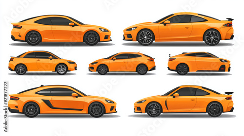 Vector set of realistic orange cars, each isolated on a white transparent background.