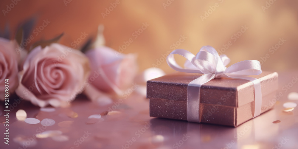 Romantic Composition of Luxury Gift Box and Pink Roses, Soft Focus and Delicate Bokeh Background, Ideal for Love and Romance Themes Romantic Composition of Luxury Gift Box and Pink Roses, Soft Focus and Delicate Bokeh Background, Ideal for Love and Romance Themes