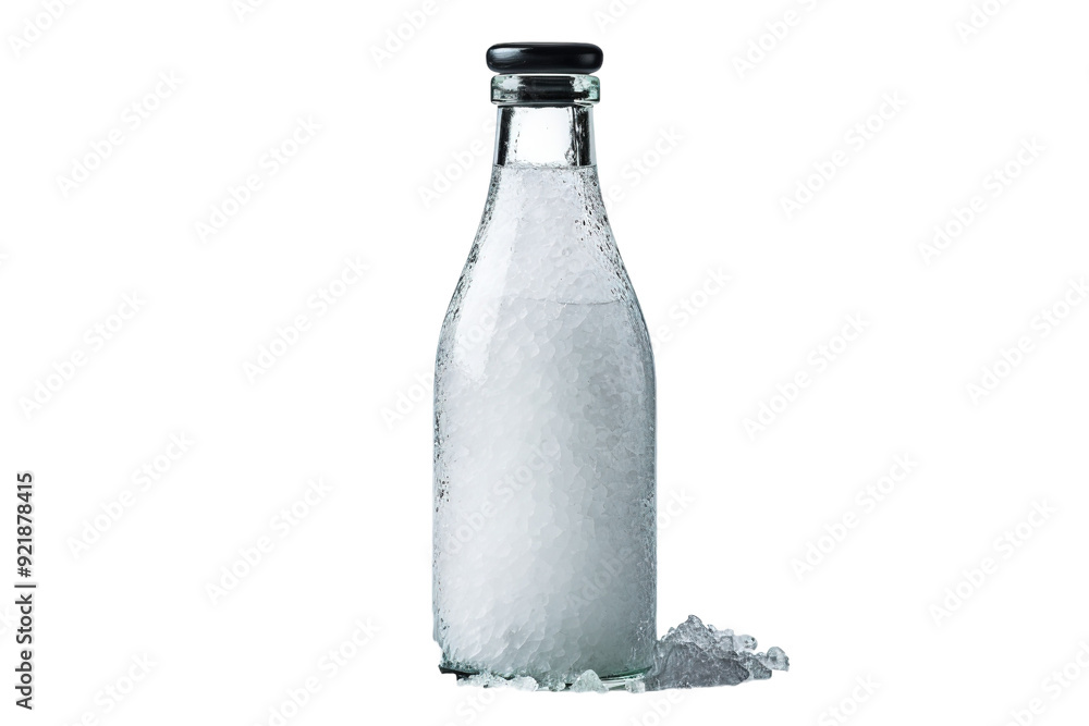 Refreshing Glass Bottle Filled With Chilled Water Surrounded by Ice Cubes on a Bright Table on White or PNG Transparent Background. Refreshing Glass Bottle Filled With Chilled Water Surrounded by Ice Cubes on a Bright Table on White or PNG Transparent Background.
