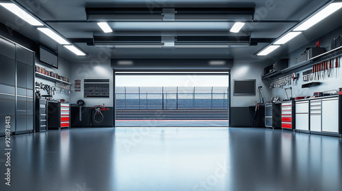 Large car workshop garage overlooking race track with open garage door