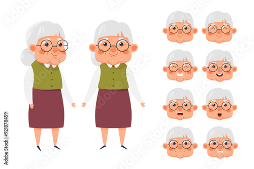 Cute elderly woman character, set of facial expressions. Granny emoji with different expressions. Vector illustration 