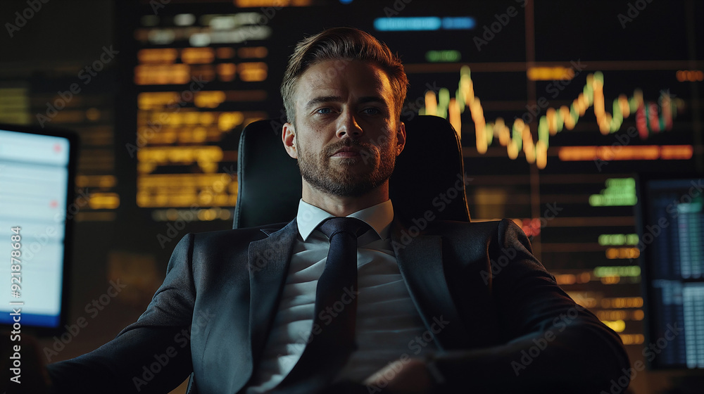 Confident stock market broker sitting in office at night working Confident stock market broker sitting in office at night working