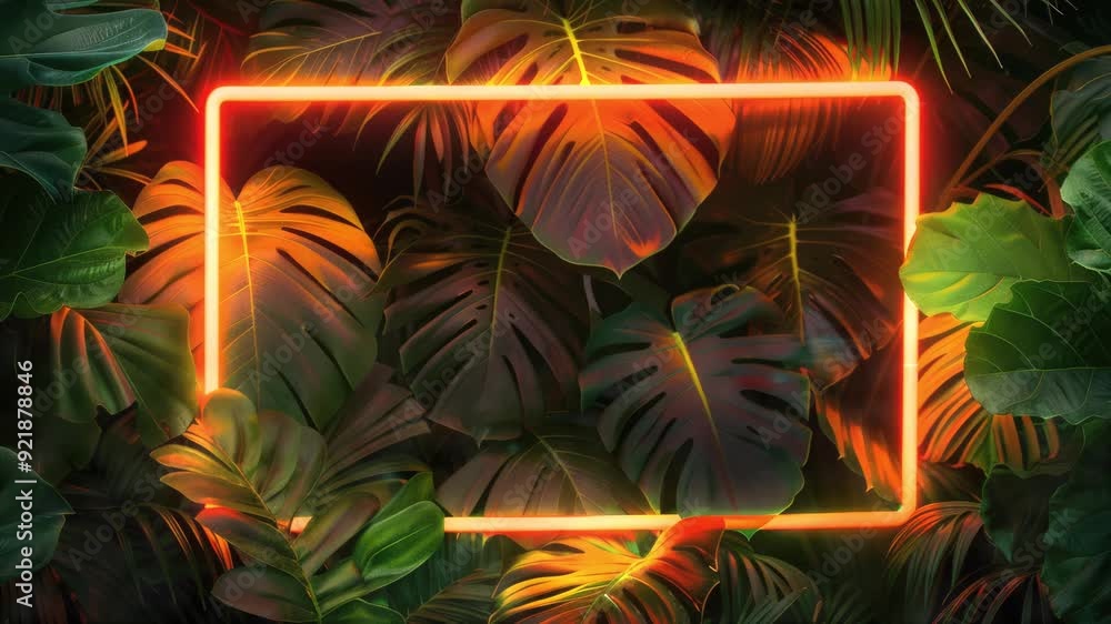 Video animation of neon glowing rectangular frame on the background with tropical leaves and flowers Video animation of neon glowing rectangular frame on the background with tropical leaves and flowers
