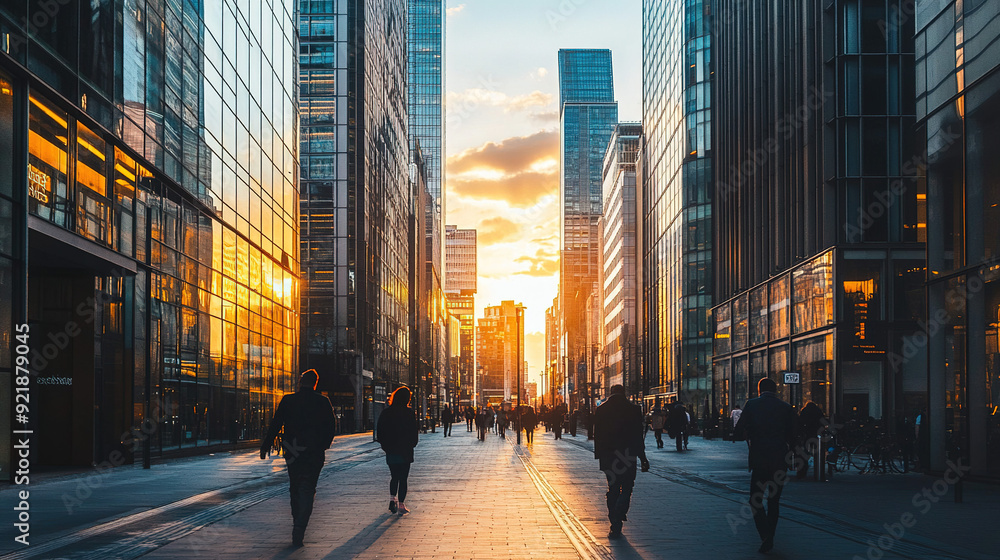 Fototapeta premium Urban business district at sunset with tall commercial buildings casting long, deep shadows, contrasting starkly with the warm, glowing light of the setting sun, highlighting the dynamic cityscape.