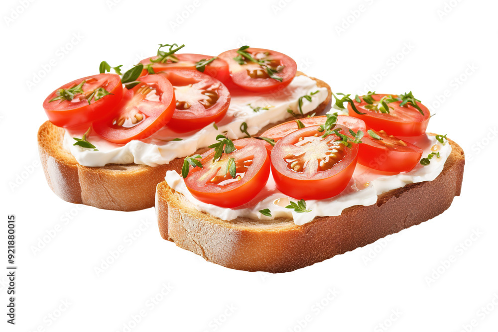 Delicious Tomato and Cream Cheese Toasts Perfect for a Summer Breakfast Delight on White or PNG Transparent Background. Delicious Tomato and Cream Cheese Toasts Perfect for a Summer Breakfast Delight on White or PNG Transparent Background.