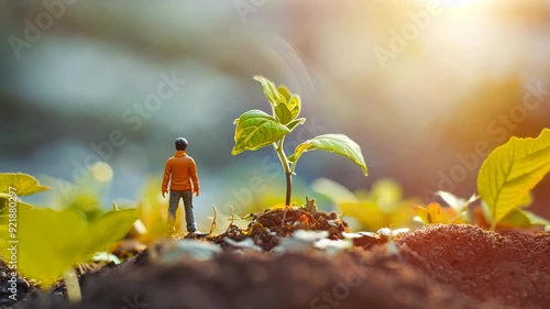 Person is tending to garden of sprouting plants. Growth and development of crops, symbolizing life-giving aspects of agriculture. photo